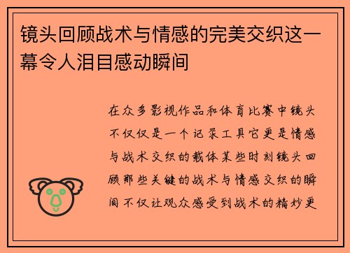 镜头回顾战术与情感的完美交织这一幕令人泪目感动瞬间