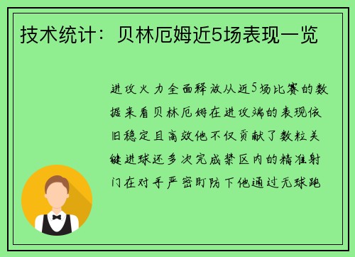 技术统计：贝林厄姆近5场表现一览