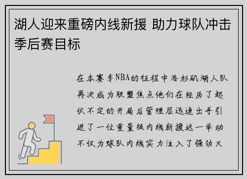湖人迎来重磅内线新援 助力球队冲击季后赛目标